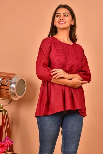 Gawdi Plain Ladies Red Top, Size : All Size