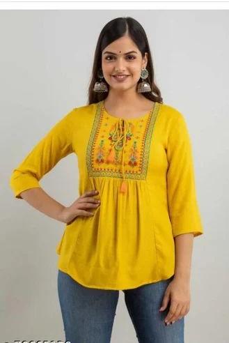 Gawdi Printed Cotton Ladies Yellow Embroidery Top, Size : All Size