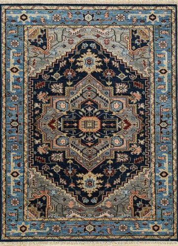 Rectangular Ink Blue Hand Knotted Rug, For Home, Office, Hotel, Packaging Type : Roll