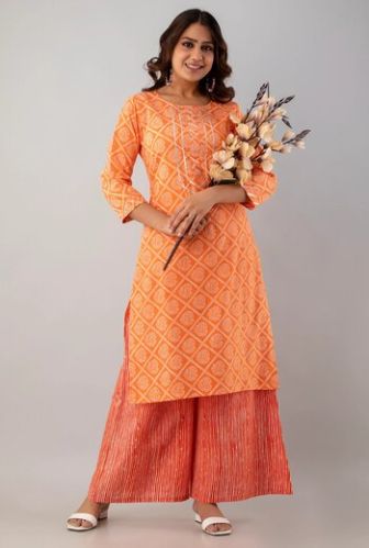 Orange Booti Printed Cotton Sharara Dress, Occasion : Casual Wear