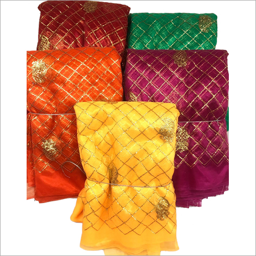 Multicoloured Designer Check Work Net Chunri Fabric, For God Dress, Specialities : Washable