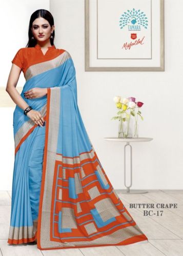 Cotton Printed Butter Crape Uniform Sarees, Feature : Comfortable, Easily Washable, Impeccable Finish