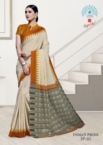 Mafatlal Cotton Checked Indian Pride Uniform Sarees, Feature : Comfortable, Easy Wash, Impeccable Finish