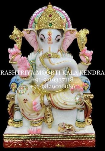 Multicolor 15 Inch Marble Ganesh Statue, For Worship, Packaging Type : Thermocol Box, Carton Box