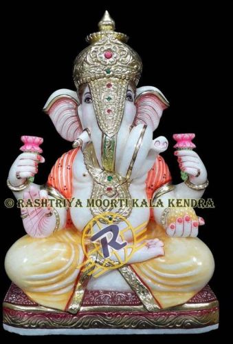 Multicolor Carved Marble Dagdusheth Ganesh Statue, For Worship, Packaging Type : Thermocol Box, Carton Box