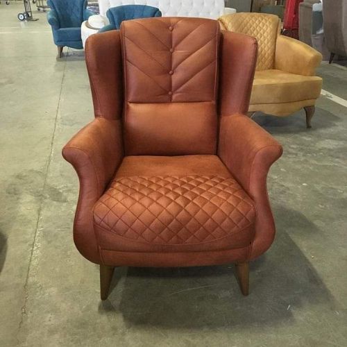 Brown Leather Polished Wing Chair, For Living Room