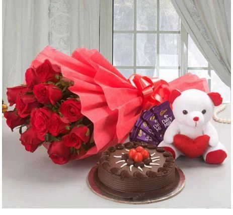 Red Cake and Flower Hamper, Occasion : Birthday