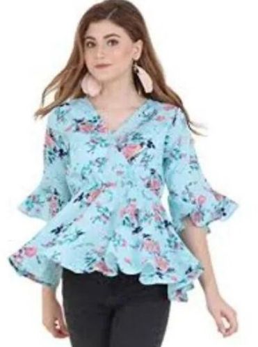 Blue Flared Sleeve Ladies Printed Tops, Occasion : Casual