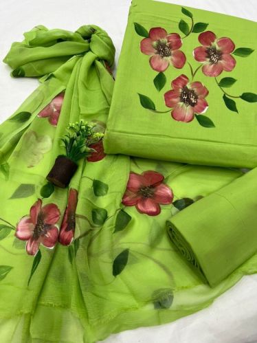 Green Chiffon Dupatta Hand Block Cotton Suits, Occasion : Casual Wear
