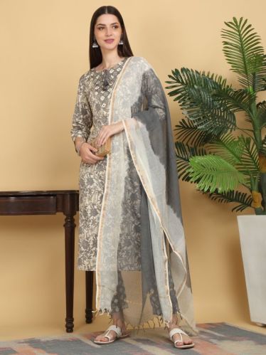 Grey Cotton Kurti Pant Dupatta Set, Gender : Female