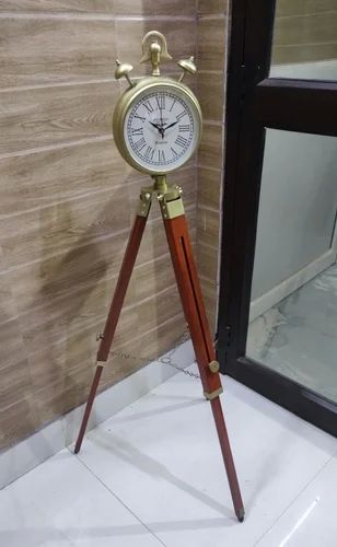 Wooden Tripod Brass Clock, Dial Shape : Round