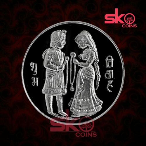 Printed Polished Dulha Dulhan Silver Coin, For Home Use, Workship, Gifting, Size : All Sizes