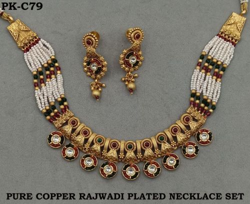 Rajwadi Plated Ruby Green Pure Copper Necklace Set