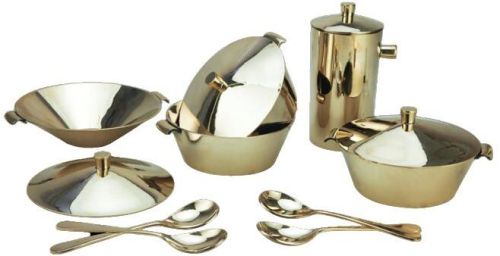 12 Pcs Bronze Utensils Set, For Serving Food, Color : Golden