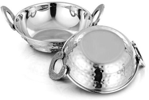 Silver Round Stainless Steel Double Wall Kadhai Set, For Serving Food