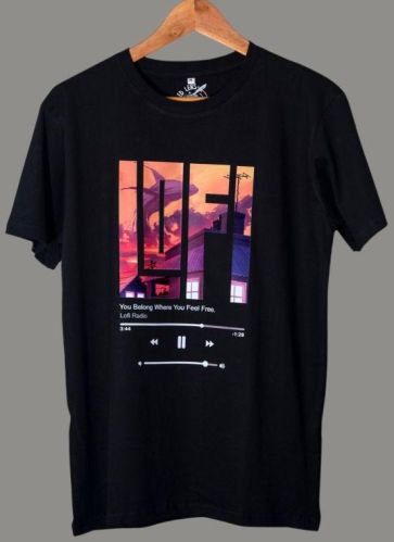 Half Sleeves Black Lofi Printed Unisex T-Shirt, Packaging Type : Polybag