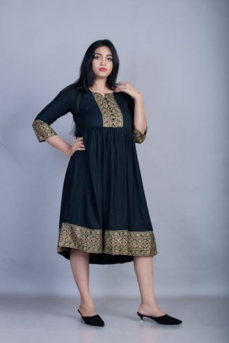 Printed Rayon Ladies Black Ethnic Gown, Feature : Attractive Look, Easy Washable, Fine Finish, Shrinkable
