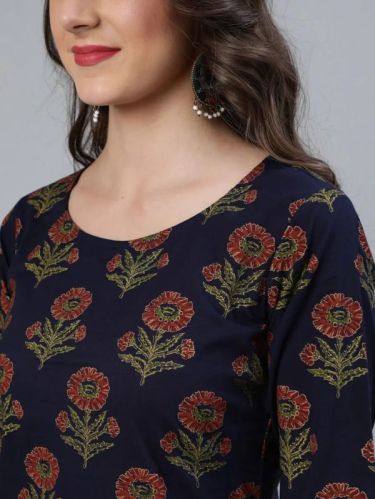 Ladies Navy Blue Floral Print Kurta Set