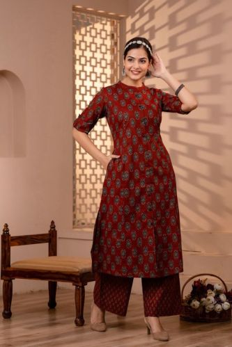 3/4 Sleeves Ladies Red A-Line Kurti Set