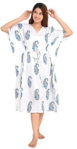 Marigold Textile V Neck Printed Kaftan, Size : Free