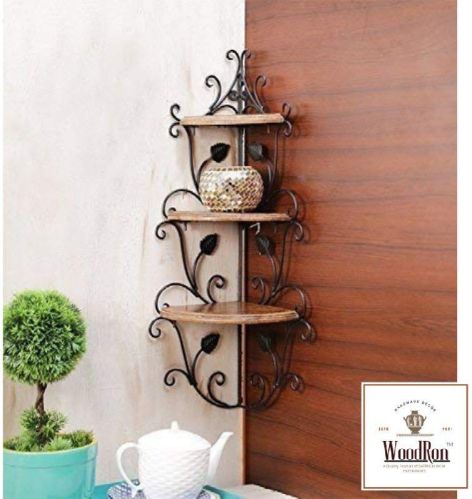 Wrought Iron & Wood 3-tier Corner Wall Shelves