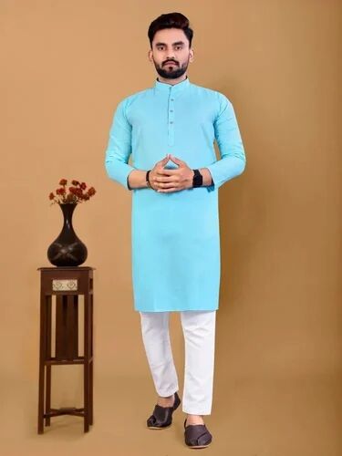 Mandarin Collar Solid Plain Cotton Kurta, Size : All