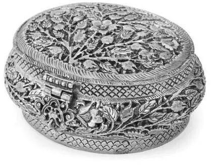 Round Brass Silver Plated Jewellery Box