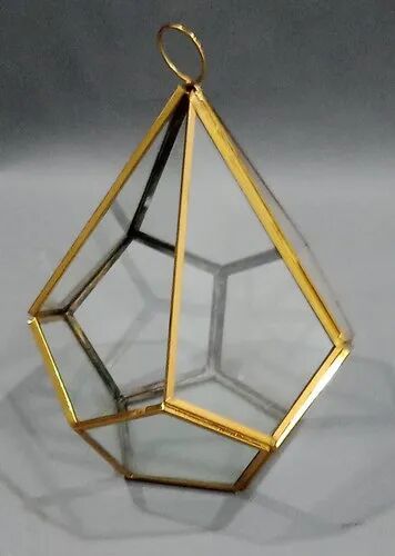 Glass Brass Hanging Lantern, Size : 6 X 6 X 9 Inch