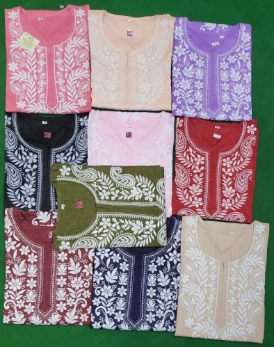 Cotton Embroidered Ladies Lucknowi Kurti, Size : XL, XXL