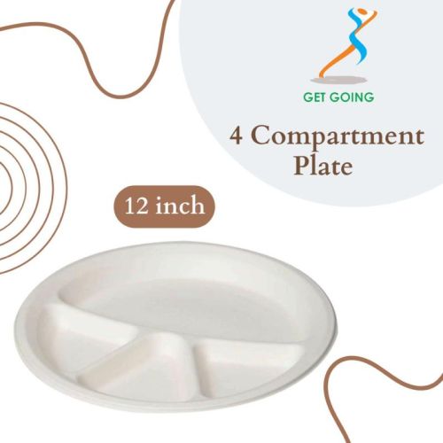 Creamy Get Going Round Areca Leaf Pain Compartment Plate, For Serving Food, Size : 12 Inch