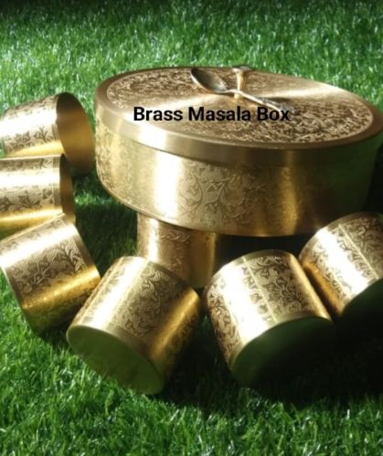 Golden Brass Carved Masala Box, For Kitchen