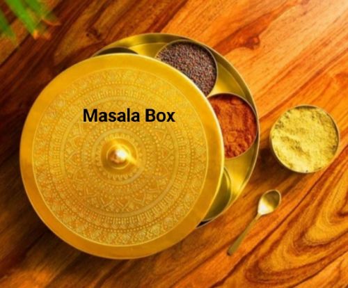 Golden Brass Hammered Masala Box, For Kitchen