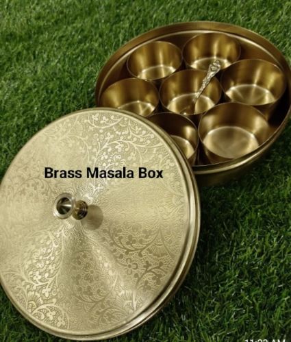 Golden Carved Brass Round Masala Box, For Kitchen