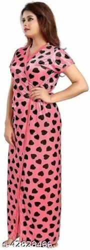 Printed V Neck Satin Nighty, Size : XL