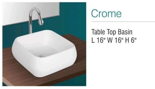 Plain Ceramic Crome Table Top Basin, For Home, Hotel, Office, Restaurant, Size : 16x16x6 Inch ( LxWxH)