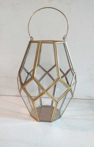 Electric Polished AL2075 Golden Glass Lantern, For Decoration, Size : 7x7x11