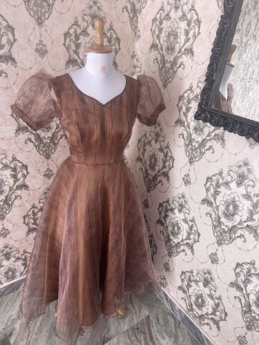 V Neck Brown Plain Organza Gown, Occasion : Party Wear