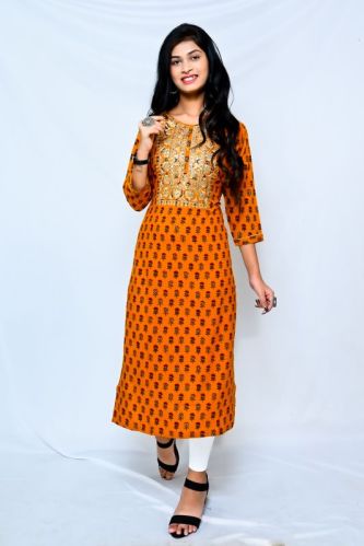 Yellow Embroidered Printed Ladies Kurti, Size : XL