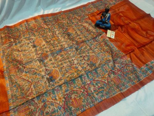 Tussar Ghicha Madhubani Painting Saree, Packaging Type : Paper Box