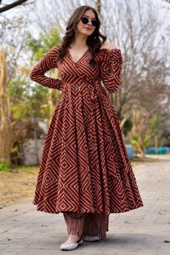 Maroon Lining Printed Anarkali Kurta With Pant Set