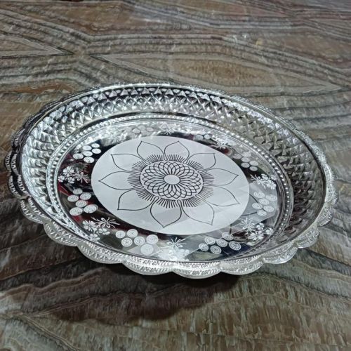 Grey Carved Polished Stainless Steel Round Serving Tray, Size : Standard