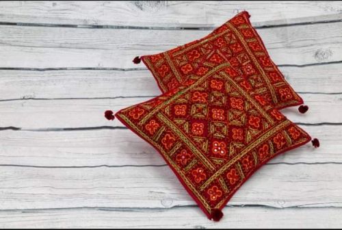 Hand Painted Square Kutch Work Cushion Cover, For Sofa, Bed, Size : 45cm X 45cm, 50cm X 30cm, 40cm X 40cm