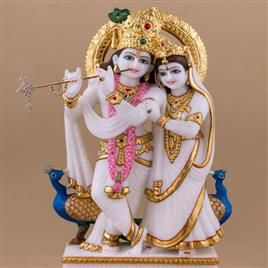 Rajnagar White Stone Printed Marble Radha Krishna Jodi Statue, For Temple, Home, Office, Packaging Type : Carton Box