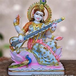 Mulit Colour Printed Marble Saraswati Mata Statue, For Temple, Office, Home, Size : 30 Inch