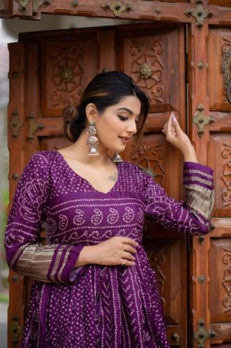 Purple Full Sleeve Printed Silk Gown