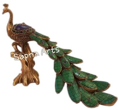 Brass Peacock Statue, Color : Green Blue