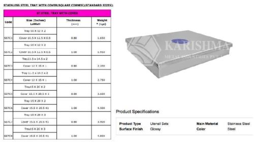 Stainless Steel Mithai Tray With Cover (Square Corner)