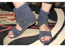 Real Suede Leather Fringe Flat Sandal, Color : Blue