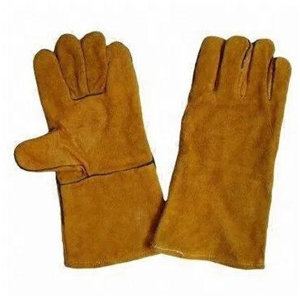 Brown Leather Welding Glove, Pattern : Plain