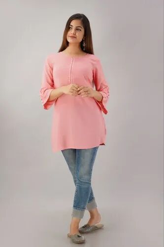 Embroidered Women Tops, Color : Sky Blue Pink Peach